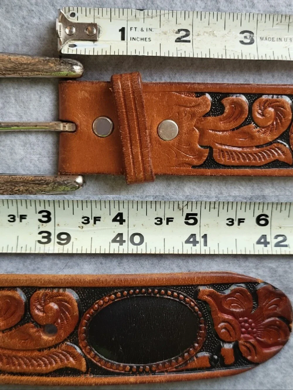 Vintage Looper Western Belt Mens 38 Brown Leather Embossed Tooled Handmade USA